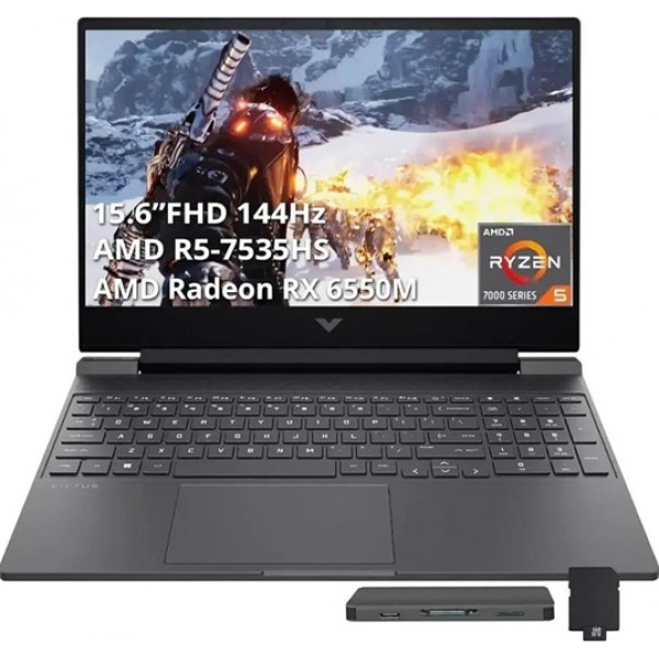 HP - Victus 15.6" FHD Gaming Laptop,AMD Ryzen 5-7535HS,64GB DDR5,2TB SSD+256GB Dock Station,AMD Radeon RX 6550M,Win 11 Pro - Mica Silver