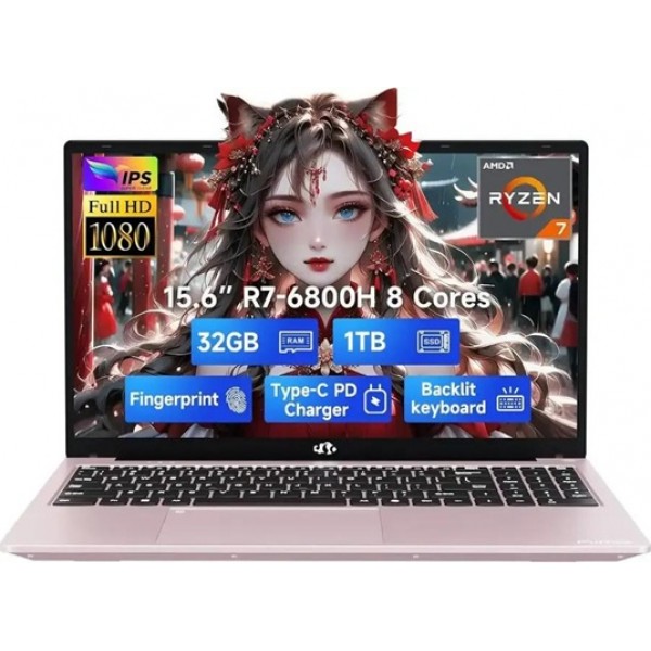 NIMO - 15.6" IPS FHD-Gaming-Laptop, 8 Cores AMD Ryzen 7 6800H 32GB DDR5 RAM 1TB SSD 4.7GHz Fingerprint 100W - Rose gold
