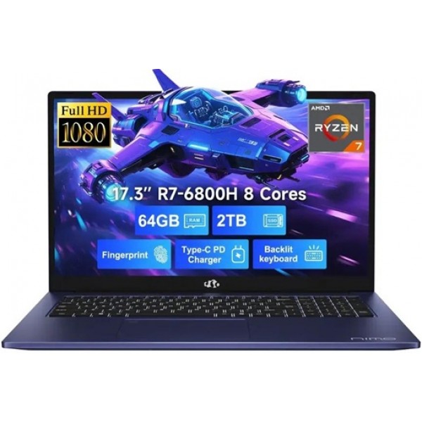 NIMO - 17.3" IPS FHD-Gaming-Laptop, 8 Cores AMD Ryzen 7 6800H 64GB DDR5 RAM 2TB SSD 4.7GHz Fingerprint 100W - Blue